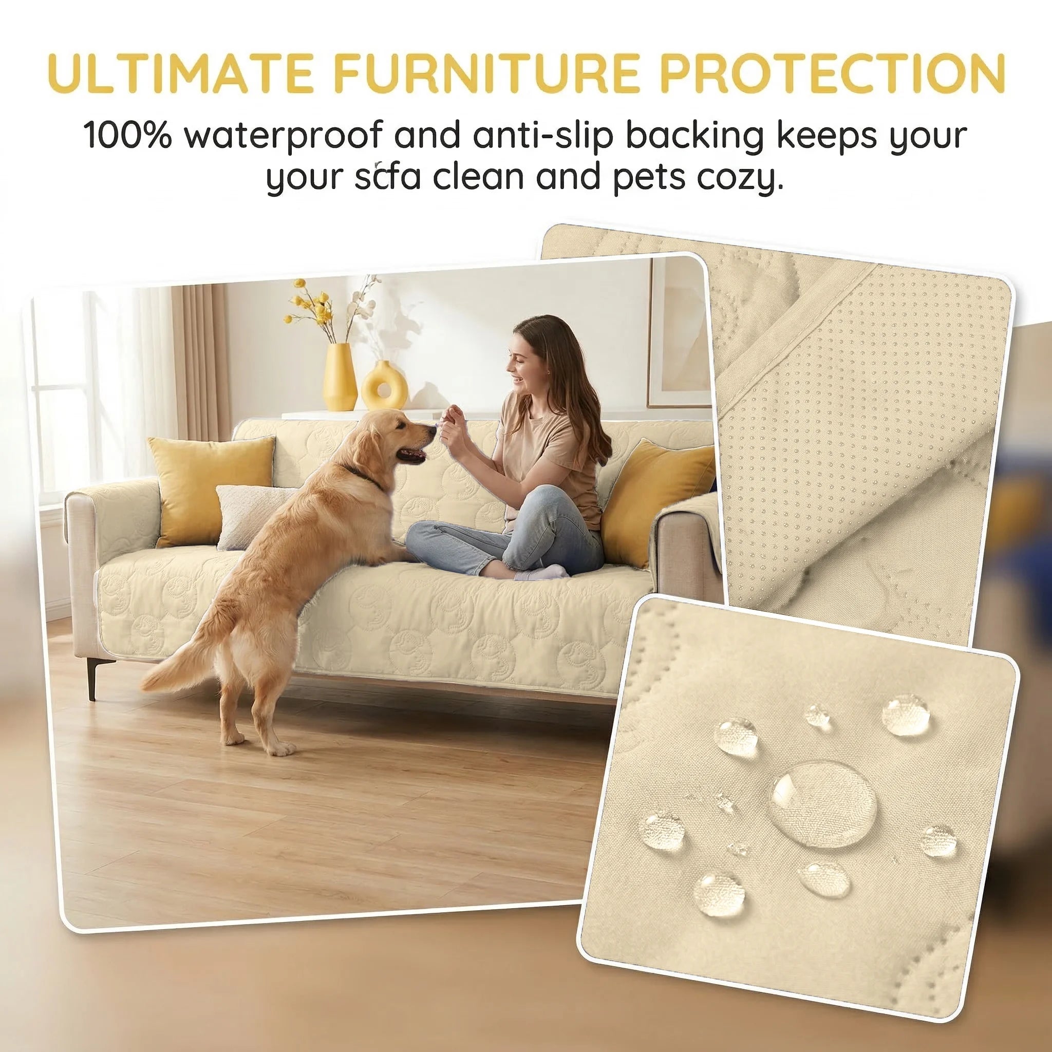 Waterproof Dog Blanket for Couch, Washable Pet Couch Cover, Non-Slip Bed Sofa Furniture Protector Mat, Latte, 60''X50''.