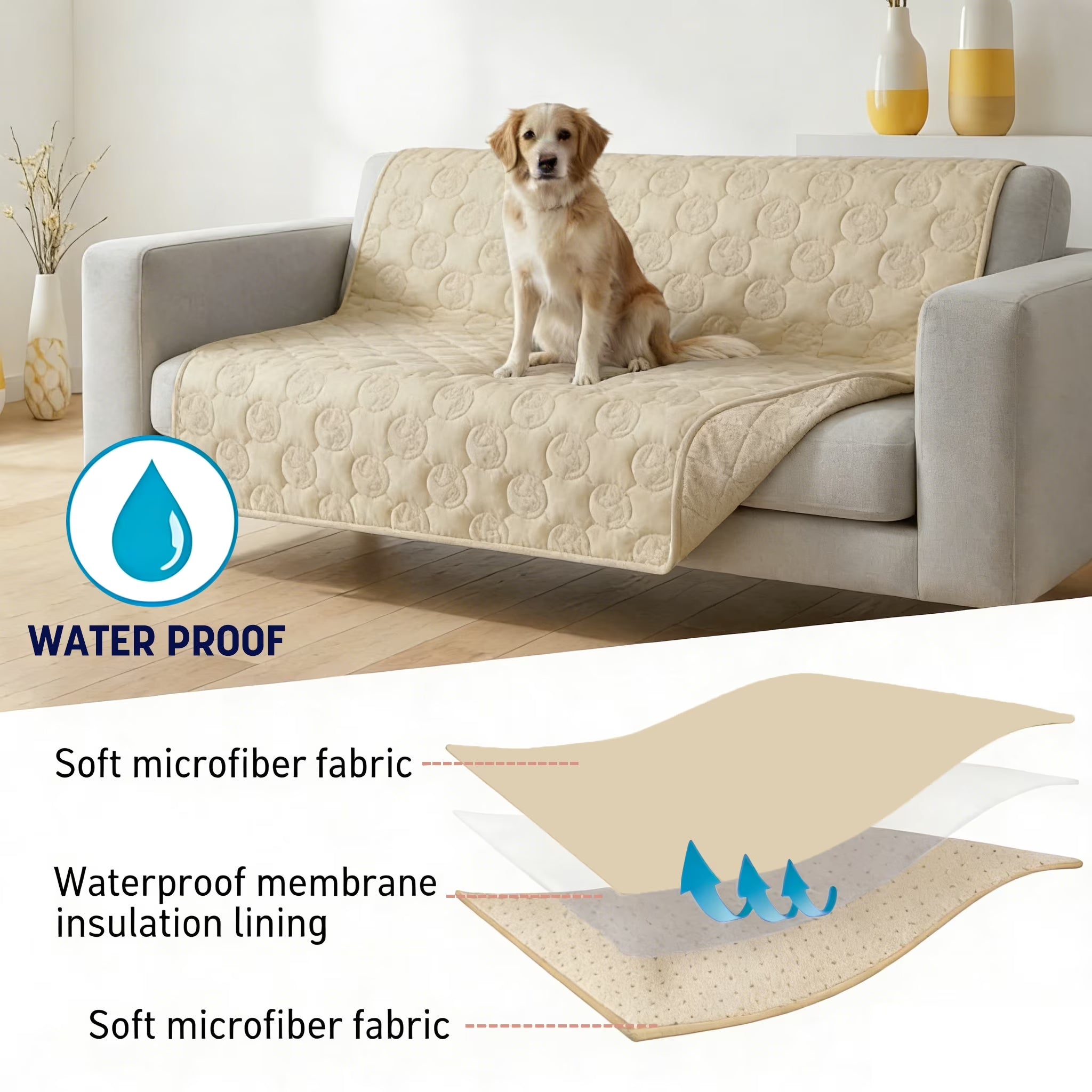 Waterproof Dog Blanket for Couch, Washable Pet Couch Cover, Non-Slip Bed Sofa Furniture Protector Mat, Latte, 60''X50''.