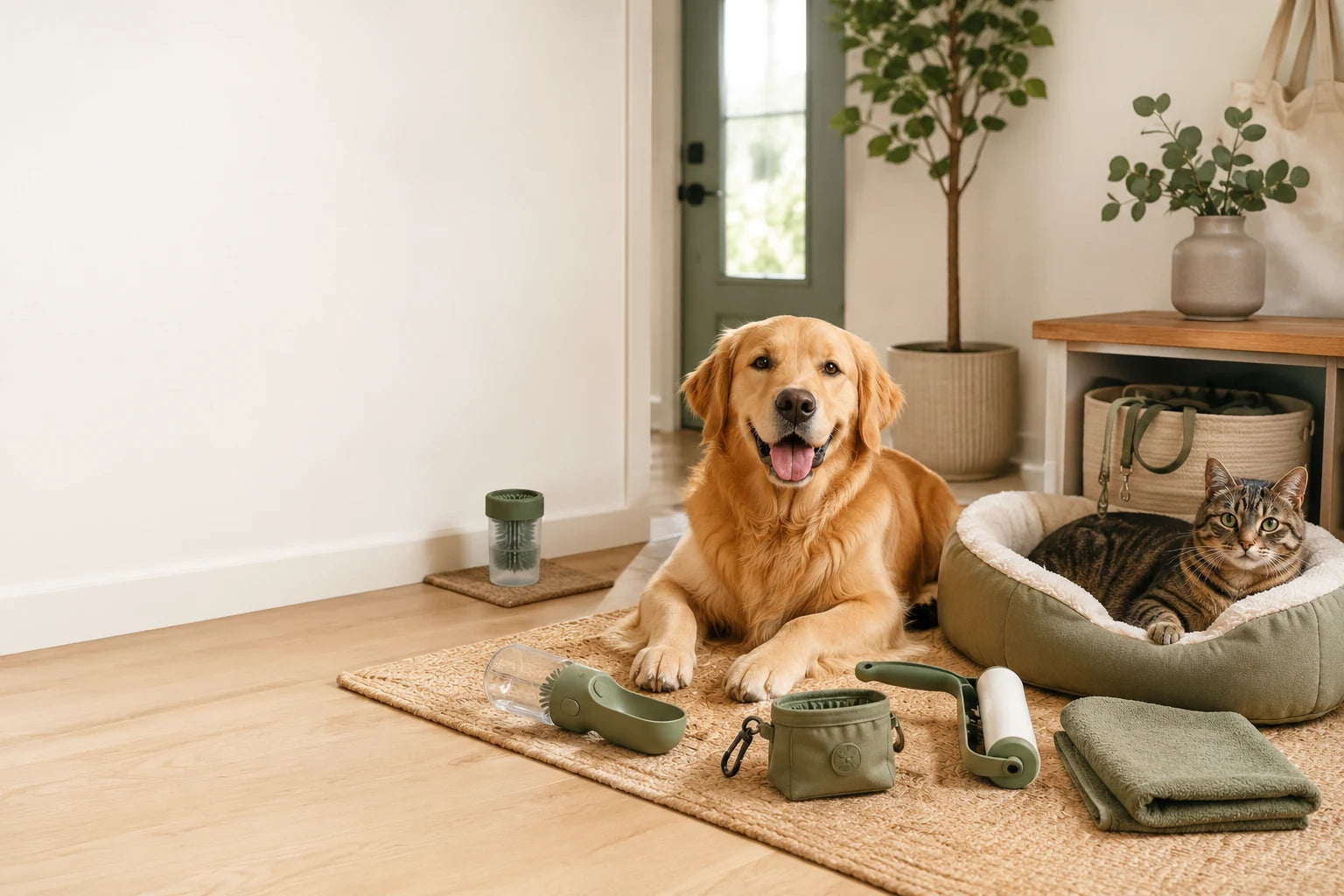 Happy dog and cat in a tidy home with practical pet cleanup and walking gear