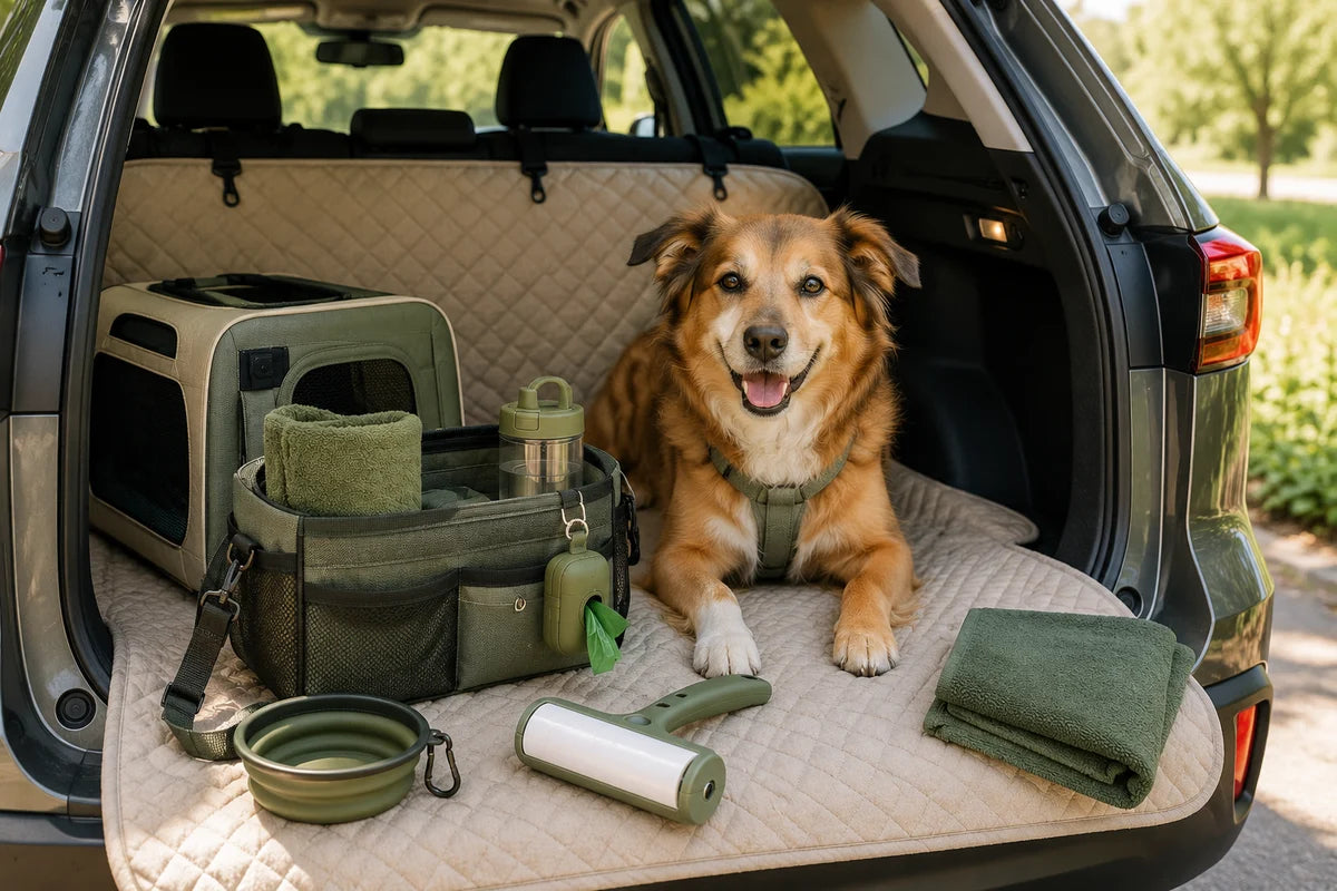 Dog in a tidy car travel setup with organizer bag, towel, bottle, bowl, and fur roller