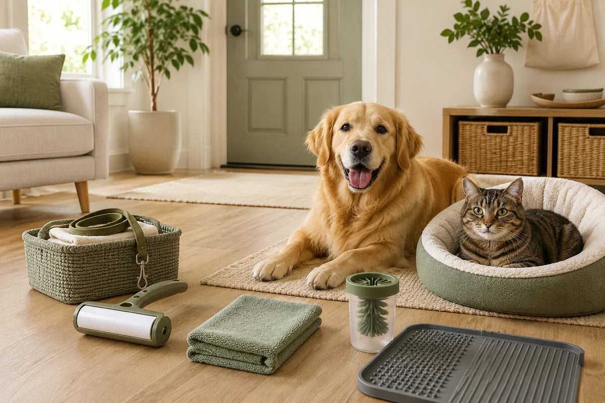 Clean pet home with fur roller, towel, paw rinse cup, and tidy pet essentials
