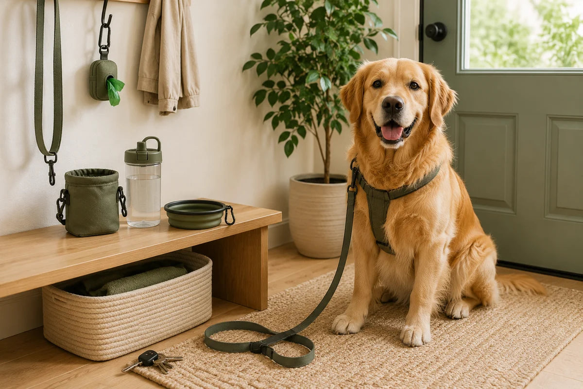 Organized dog walk station with leash, water bottle, treat pouch, and waste bag holder